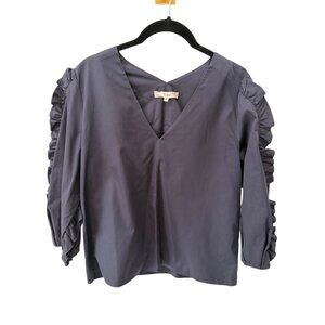 Tibi Navy Cotton Poplin Ruffle Sleeve V-Neck Blouse Size 00